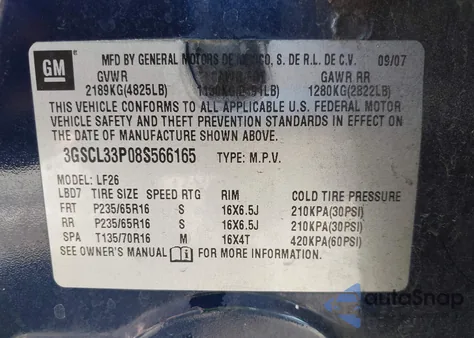 2008 Saturn Vue 4-Cyl Xe from USA, damaged, VIN 3GSCL33P08S566165